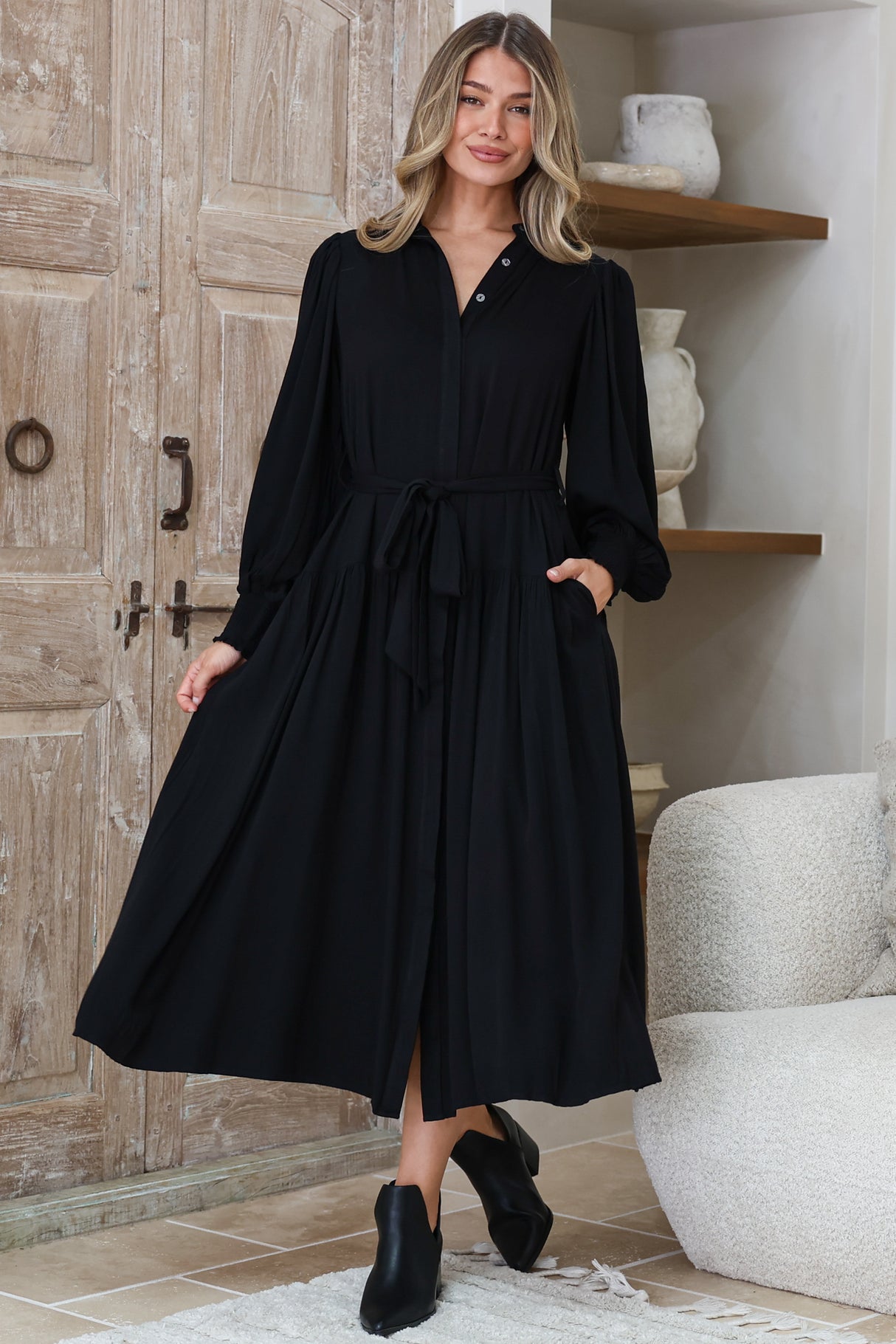 Skandi Midi Dress - Button Down Billow Sleeve Shirt Dress with Waist Tie in Black