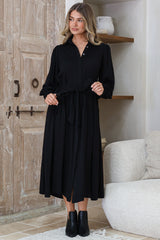 Skandi Midi Dress - Button Down Billow Sleeve Shirt Dress with Waist Tie in Black