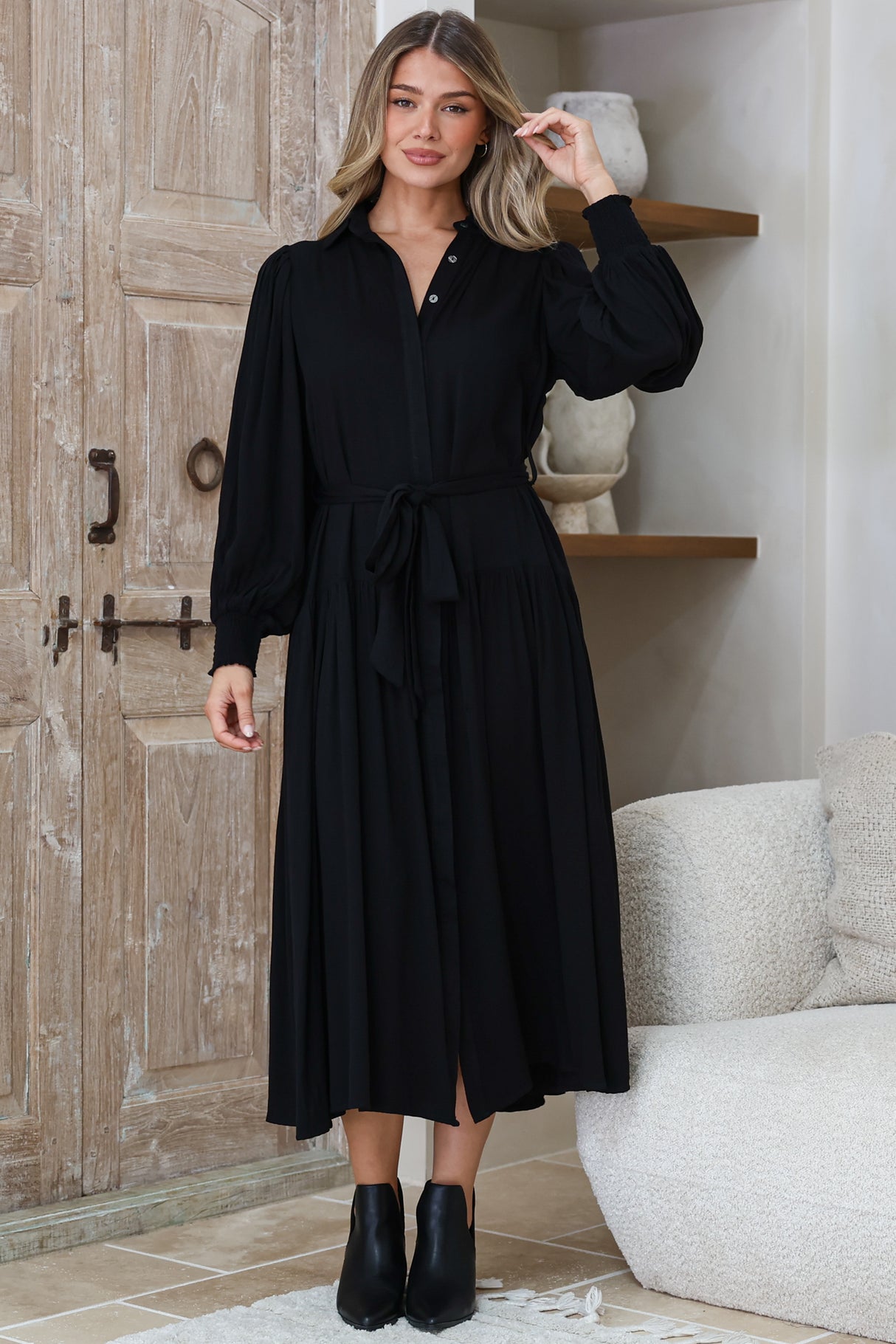 Skandi Midi Dress - Button Down Billow Sleeve Shirt Dress with Waist Tie in Black