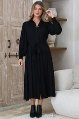 Skandi Midi Dress - Button Down Billow Sleeve Shirt Dress with Waist Tie in Black