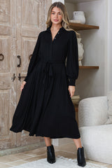 Skandi Midi Dress - Button Down Billow Sleeve Shirt Dress with Waist Tie in Black