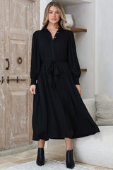 Skandi Midi Dress - Button Down Billow Sleeve Shirt Dress with Waist Tie in Black