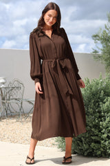 Model wearing Skandi Midi Dress in Chocolate from Salty Crush