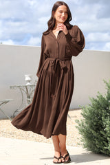 Skandi Midi Dress - Button Down Billow Sleeve Shirt Dress with Waist Tie in Chocolate