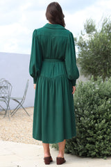 Skandi Midi Dress - Button Down Billow Sleeve Shirt Dress with Waist Tie in Emerald