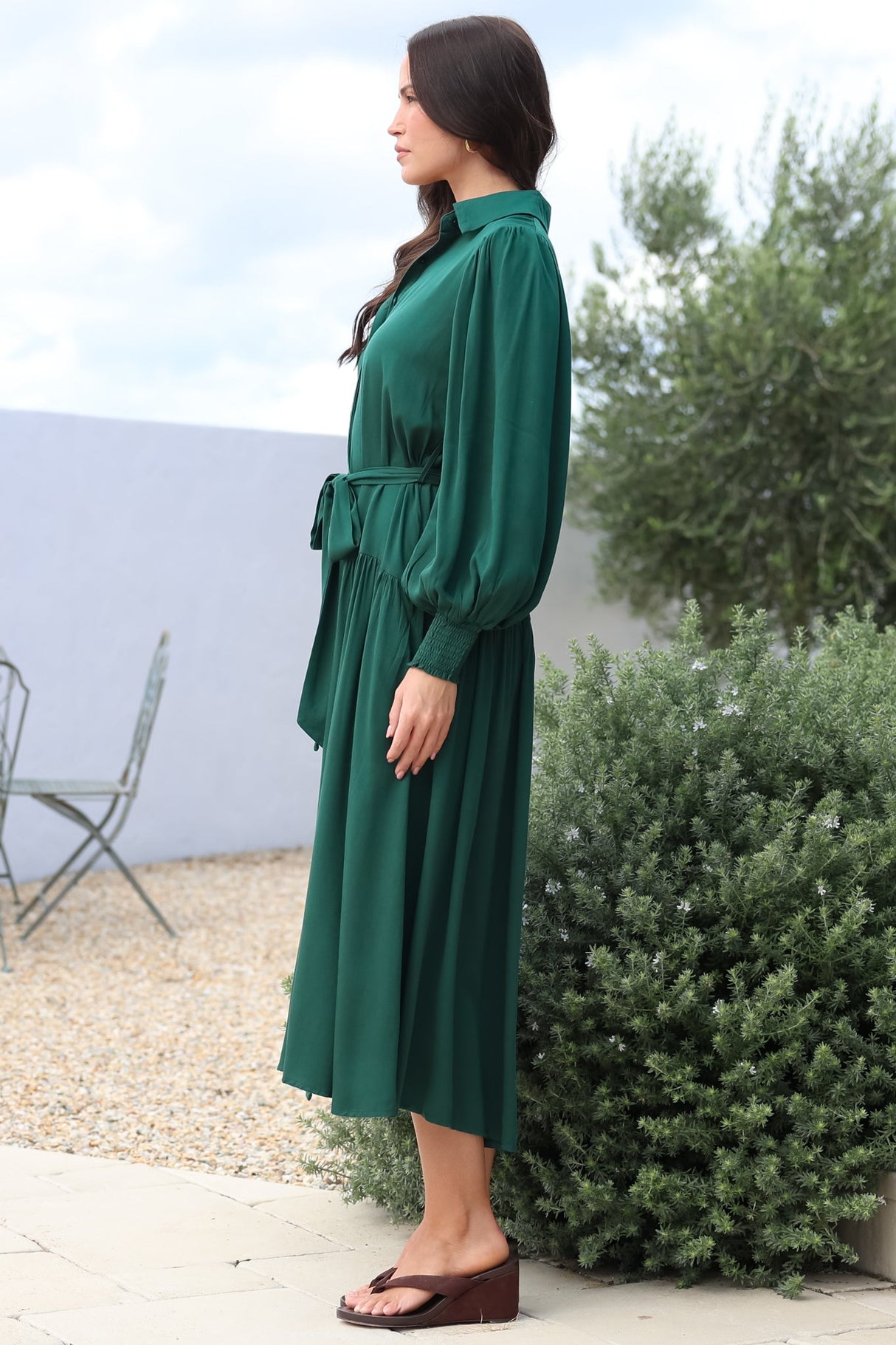 Skandi Midi Dress - Button Down Billow Sleeve Shirt Dress with Waist Tie in Emerald