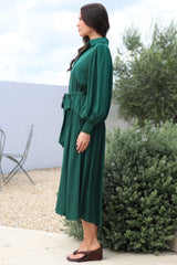 Skandi Midi Dress - Button Down Billow Sleeve Shirt Dress with Waist Tie in Emerald