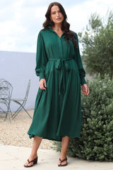 Skandi Midi Dress - Button Down Billow Sleeve Shirt Dress with Waist Tie in Emerald