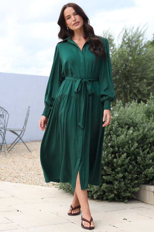 Model wearing Skandi Midi Dress in Emerald from Salty Crush