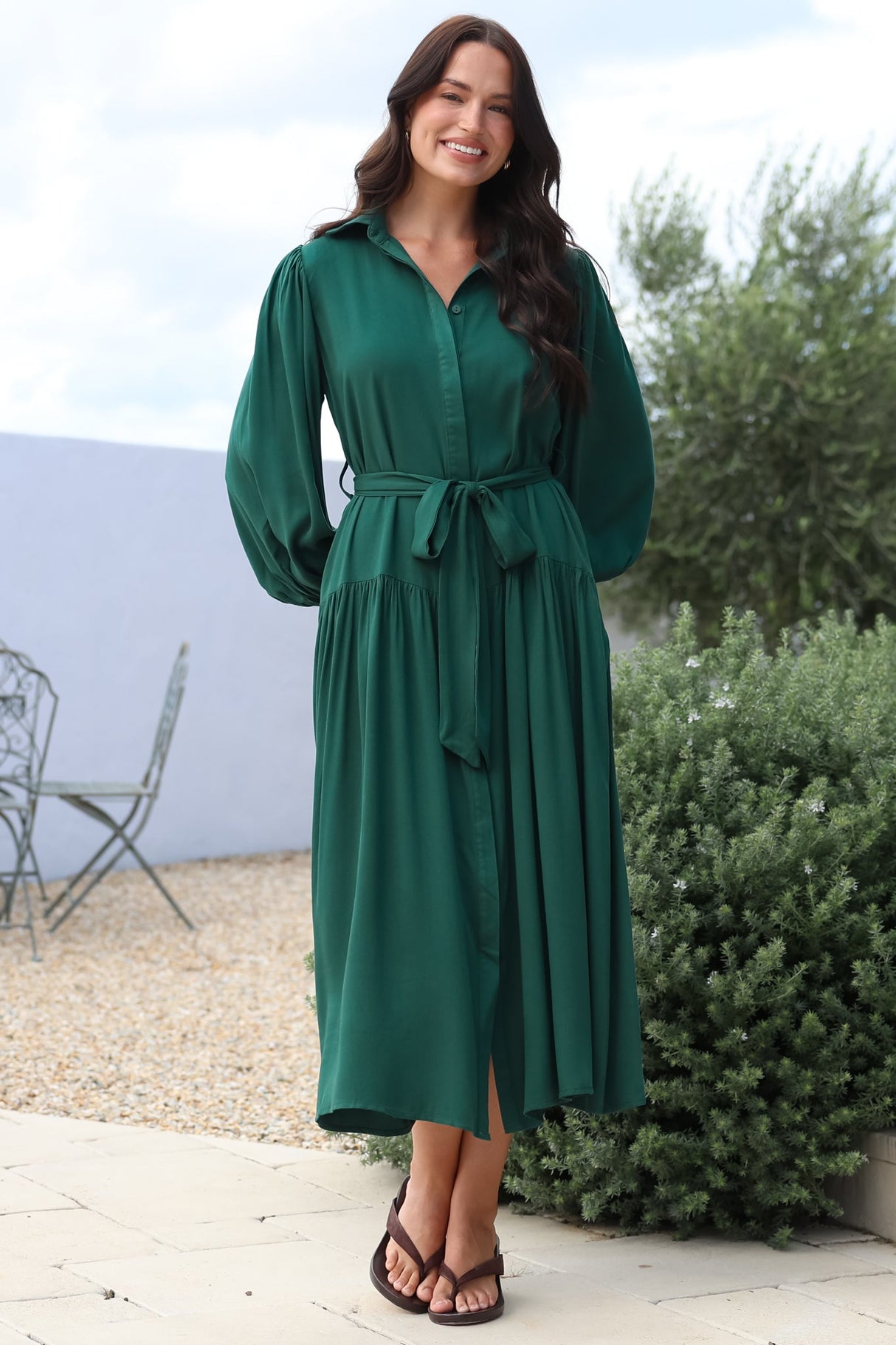 Skandi Midi Dress - Button Down Billow Sleeve Shirt Dress with Waist Tie in Emerald