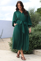 Skandi Midi Dress - Button Down Billow Sleeve Shirt Dress with Waist Tie in Emerald