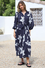 Skandi Midi Dress - Button Down Billow Sleeve Shirt Dress with Waist Tie in Midnight Lily Print