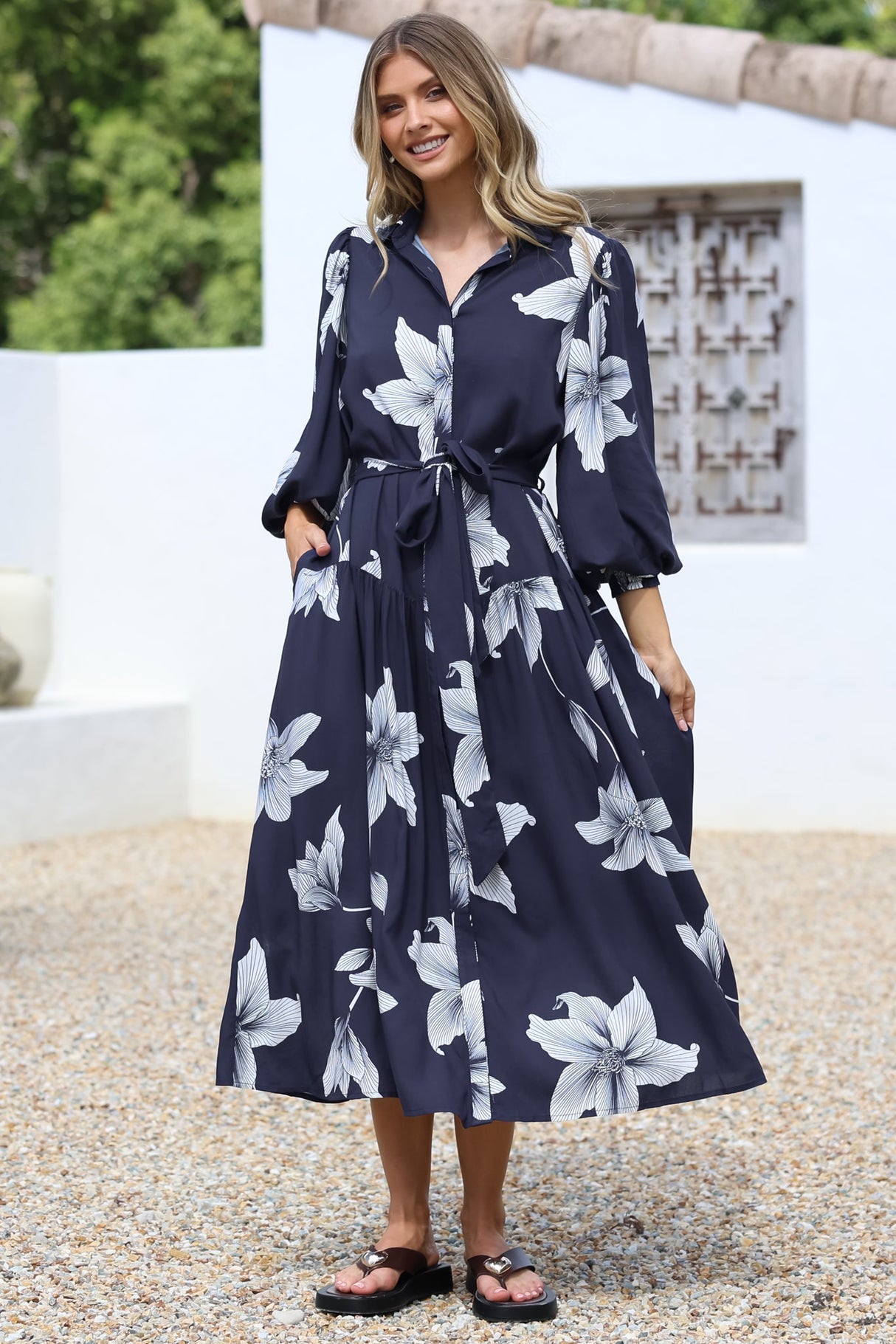 Skandi Midi Dress - Button Down Billow Sleeve Shirt Dress with Waist Tie in Midnight Lily Print