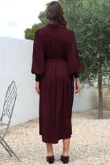 Skandi Midi Dress - Button Down Billow Sleeve Shirt Dress with Waist Tie in Wine