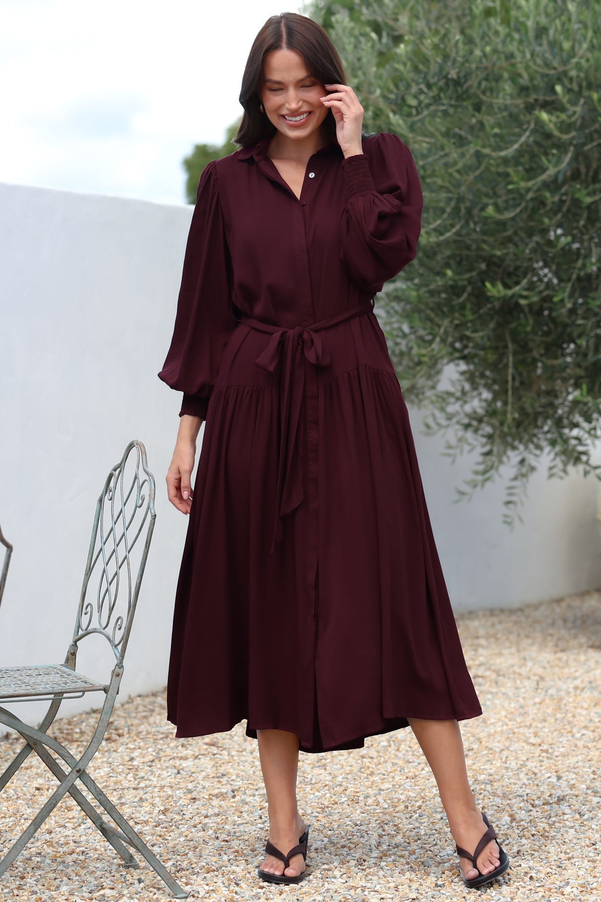 Skandi Midi Dress - Button Down Billow Sleeve Shirt Dress with Waist Tie in Wine