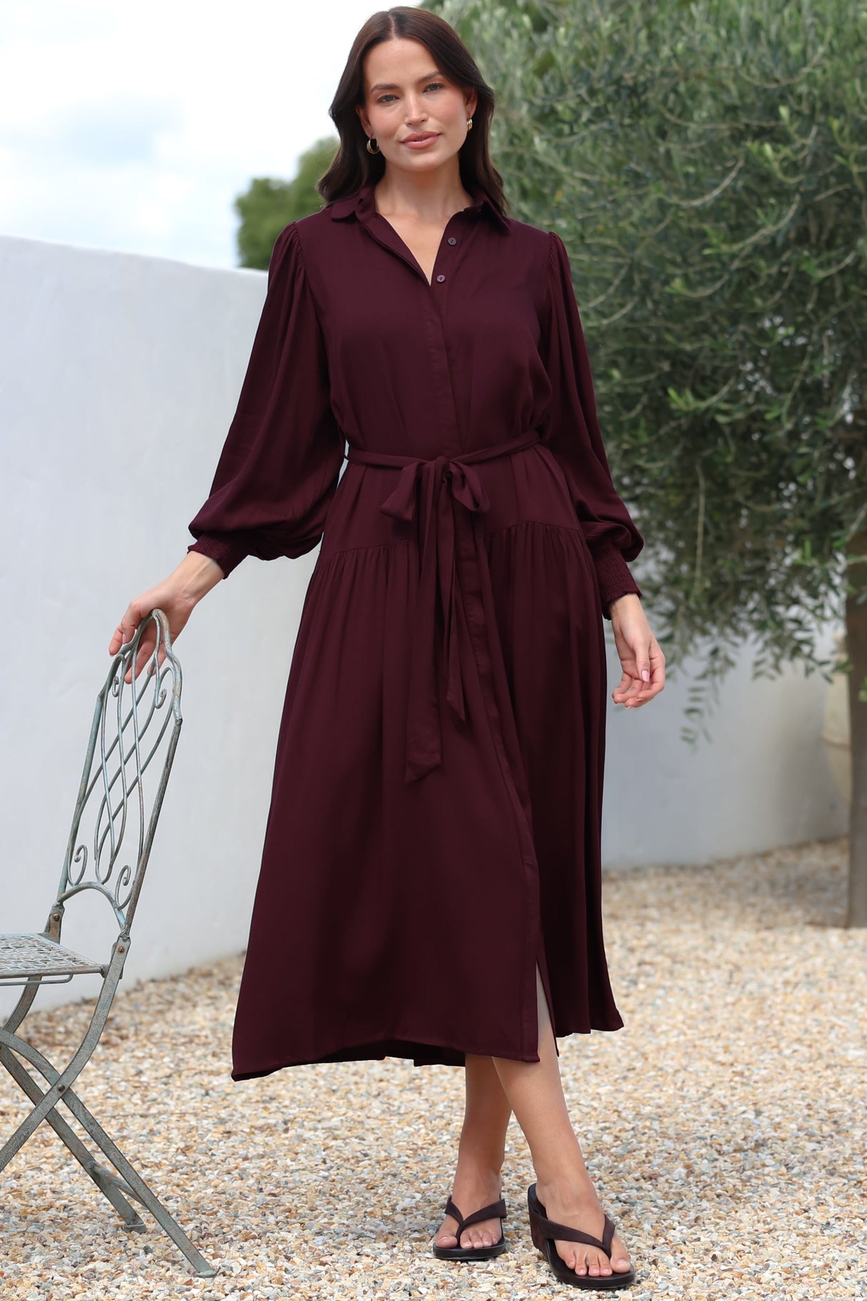 Model wearing Skandi Midi Dress in Wine from Salty Crush