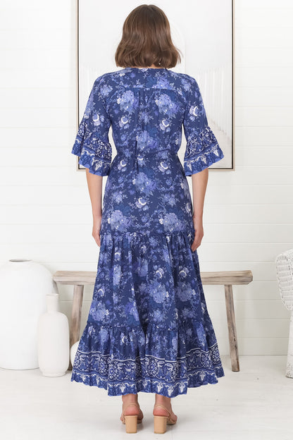 Sky Maxi Dress - A Line Dress with Front Split and Flute Sleeves in Janger Print