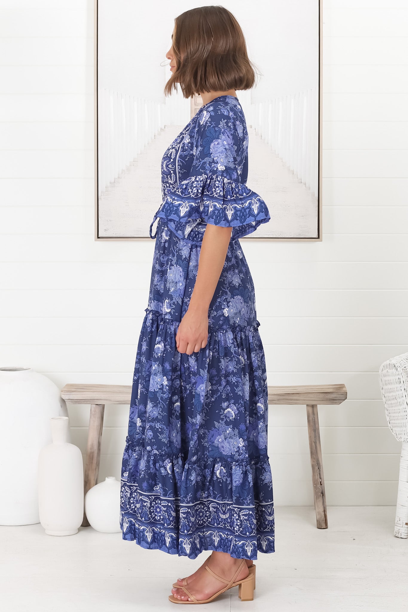 Sky Maxi Dress - A Line Dress with Front Split and Flute Sleeves in Janger Print