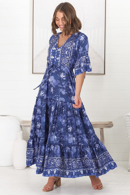 Sky Maxi Dress - A Line Dress with Front Split and Flute Sleeves in Janger Print