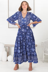 Sky Maxi Dress - A Line Dress with Front Split and Flute Sleeves in Janger Print