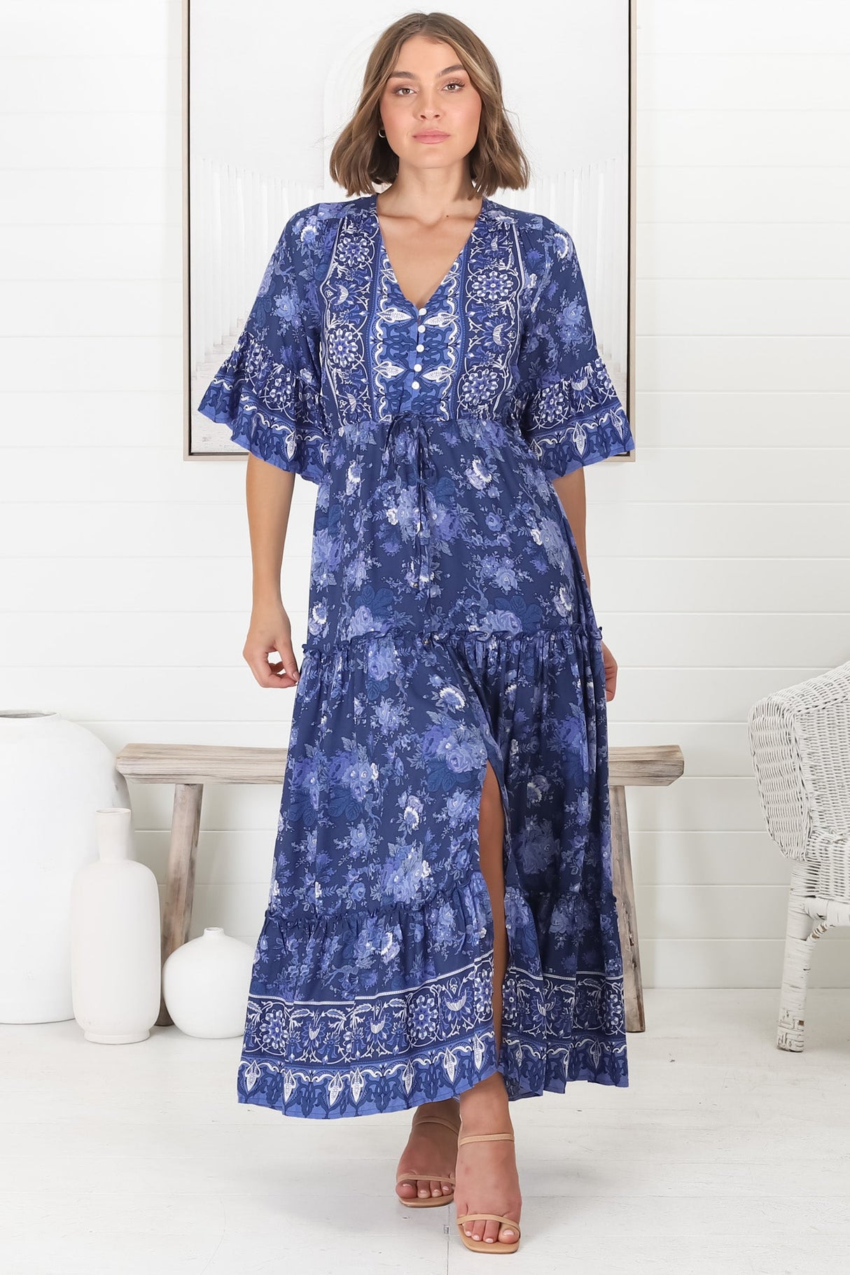 Sky Maxi Dress - A Line Dress with Front Split and Flute Sleeves in Janger Print