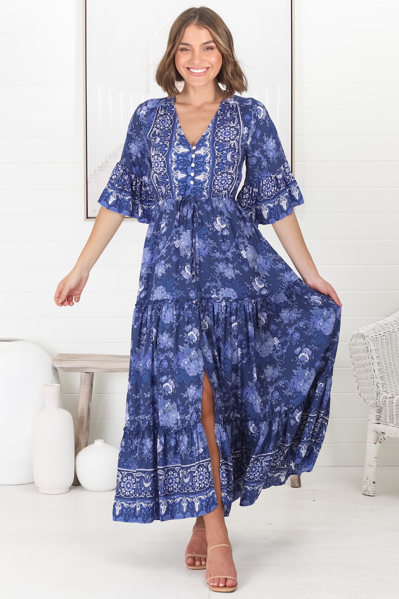 Sky Maxi Dress - A Line Dress with Front Split and Flute Sleeves in Janger Print