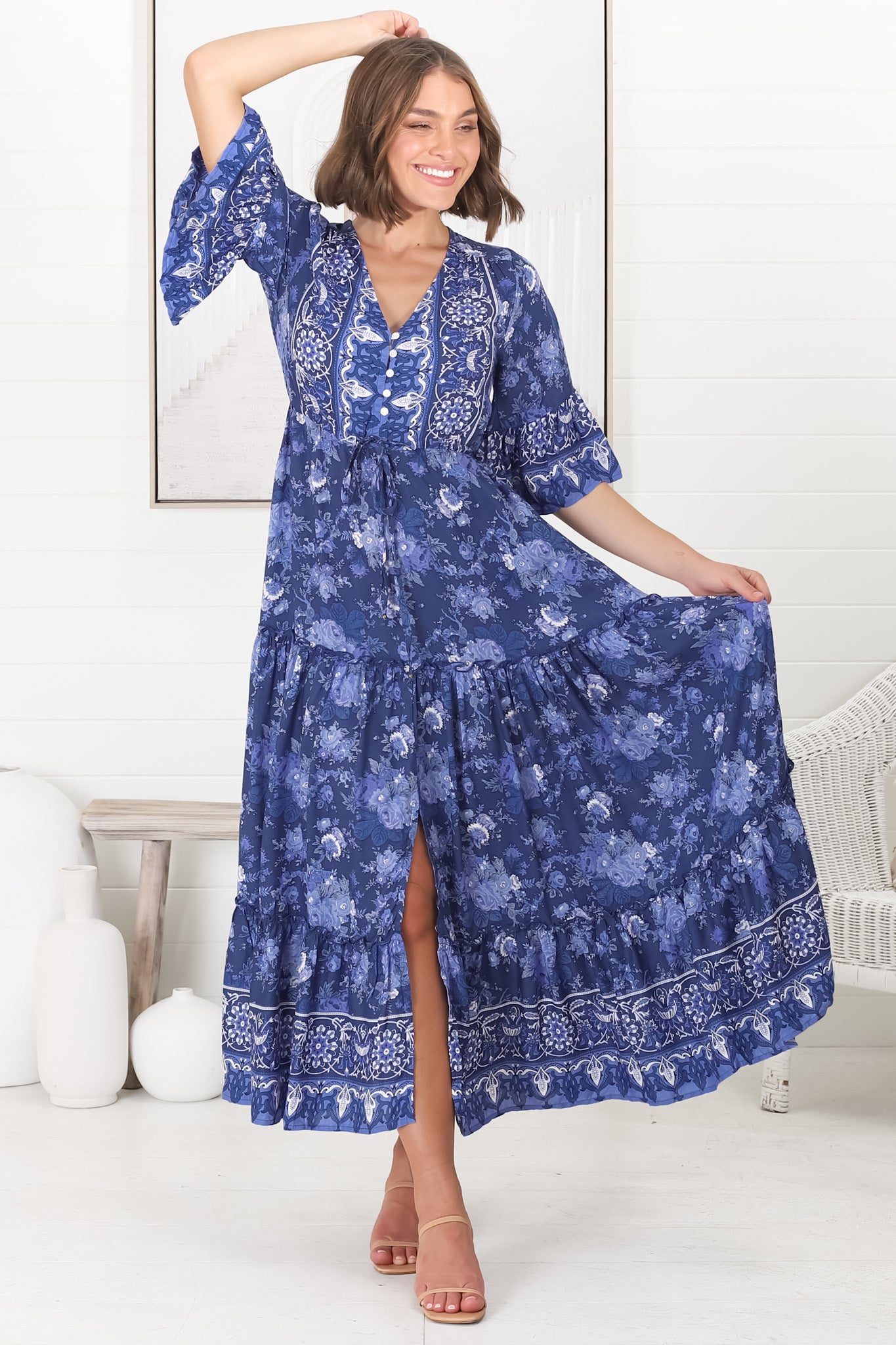 Sky Maxi Dress - A Line Dress with Front Split and Flute Sleeves in Janger Print