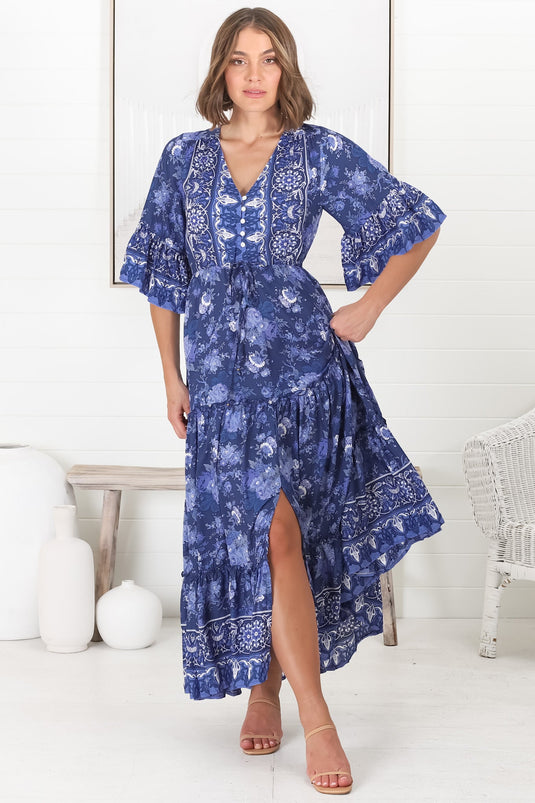 Sky Maxi Dress - A Line Dress with Front Split and Flute Sleeves in Janger Print