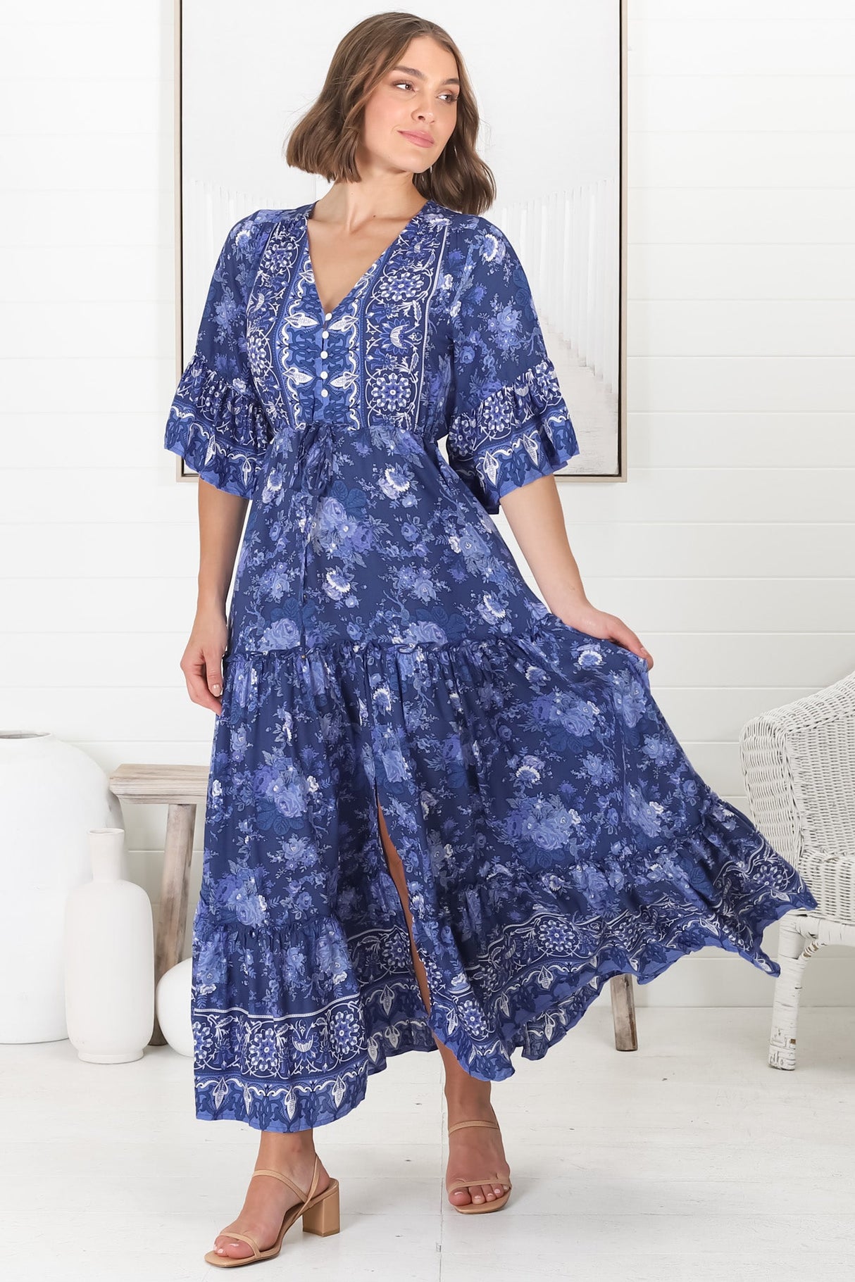 Sky Maxi Dress - A Line Dress with Front Split and Flute Sleeves in Janger Print