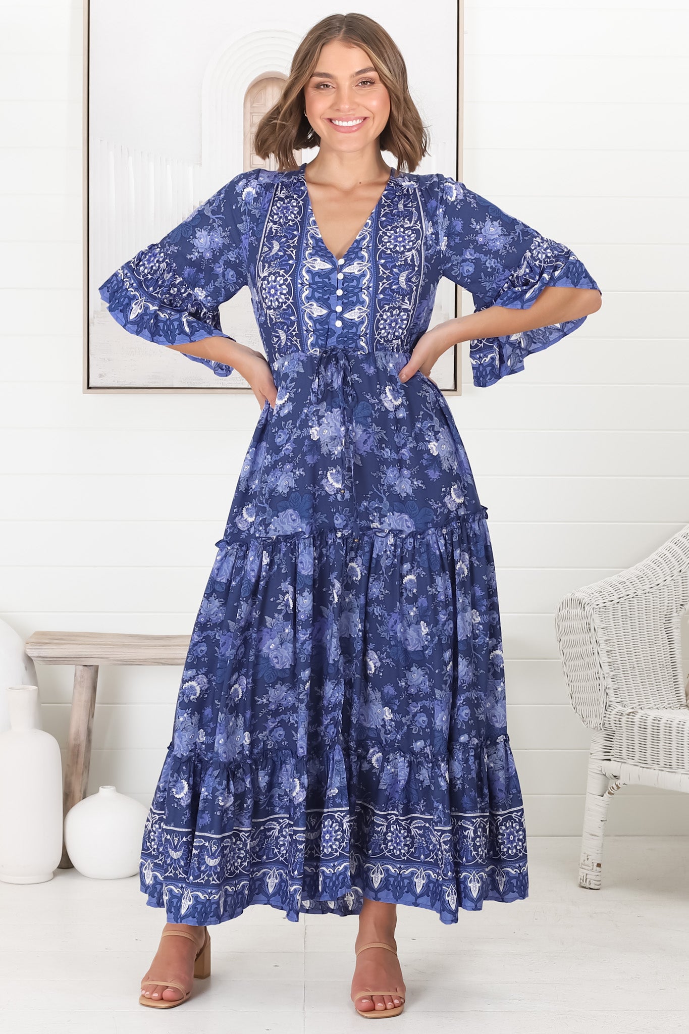 Sky Maxi Dress - A Line Dress with Front Split and Flute Sleeves in Janger Print