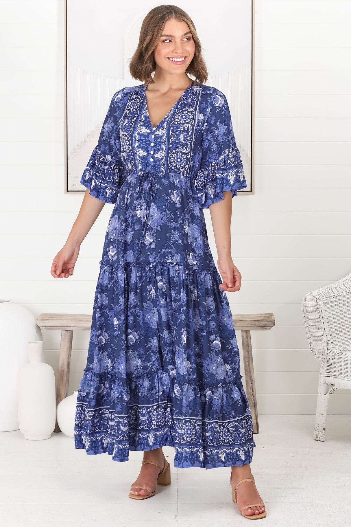 Sky Maxi Dress - A Line Dress with Front Split and Flute Sleeves in Janger Print