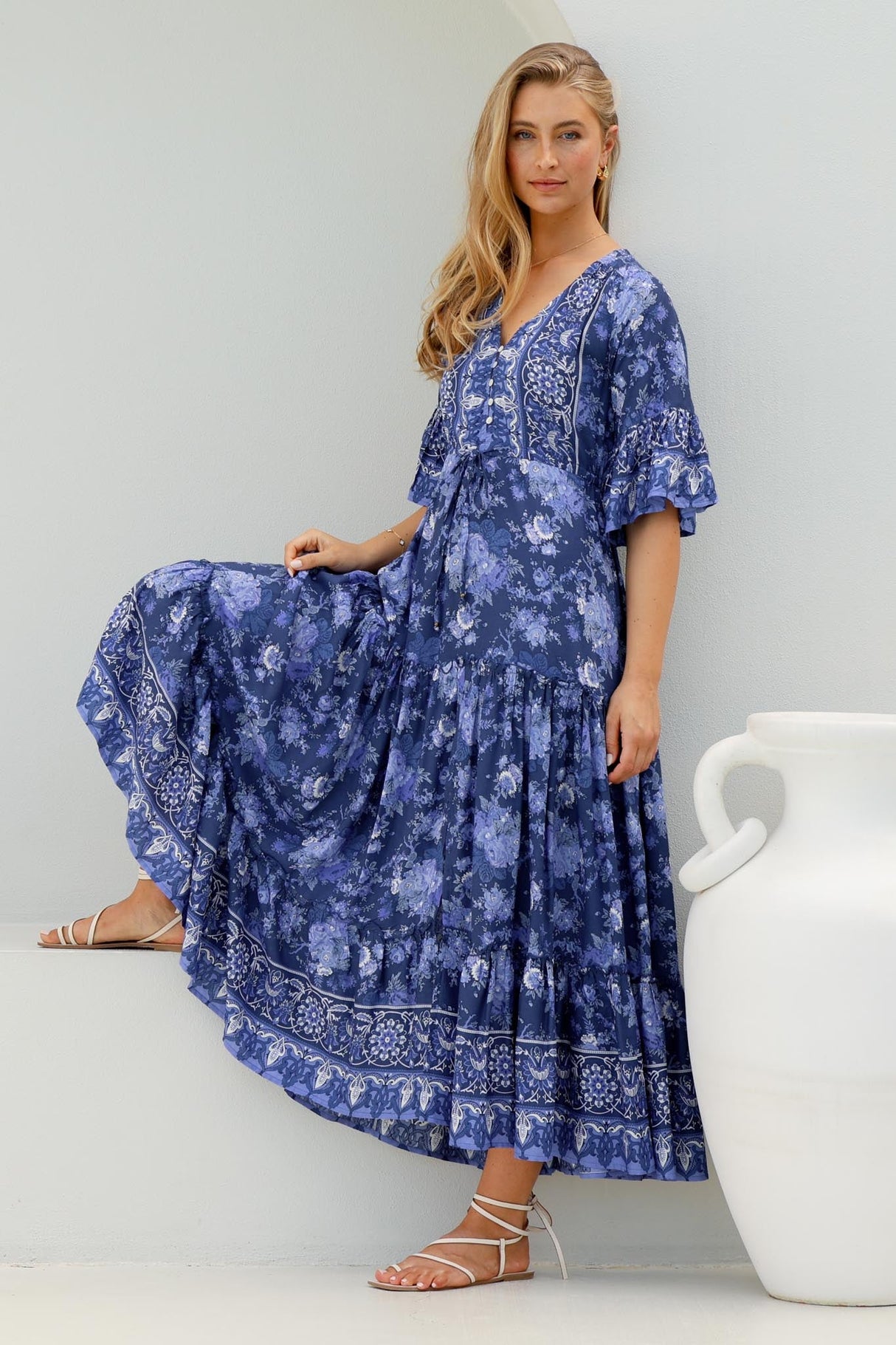 Sky Maxi Dress - A Line Dress with Front Split and Flute Sleeves in Janger Print