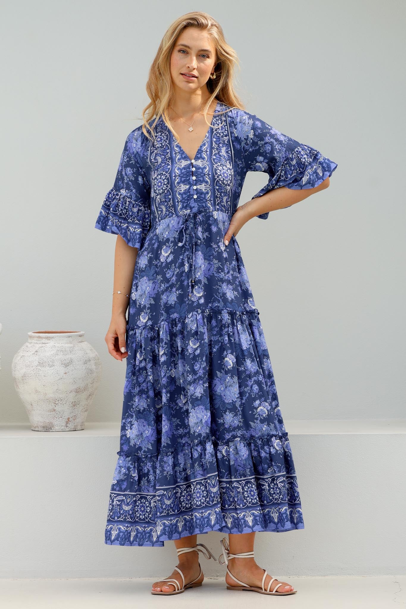 Sky Maxi Dress - A Line Dress with Front Split and Flute Sleeves in Janger Print