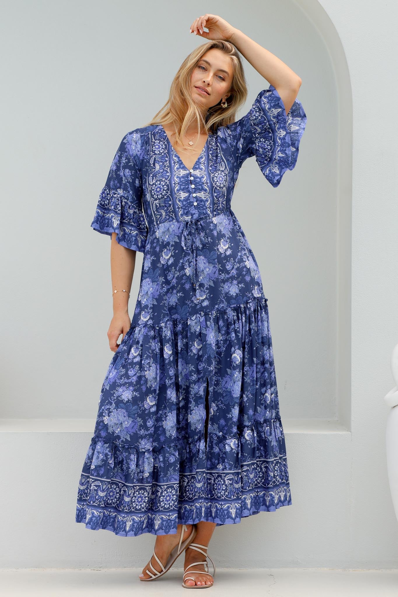 Sky Maxi Dress - A Line Dress with Front Split and Flute Sleeves in Janger Print