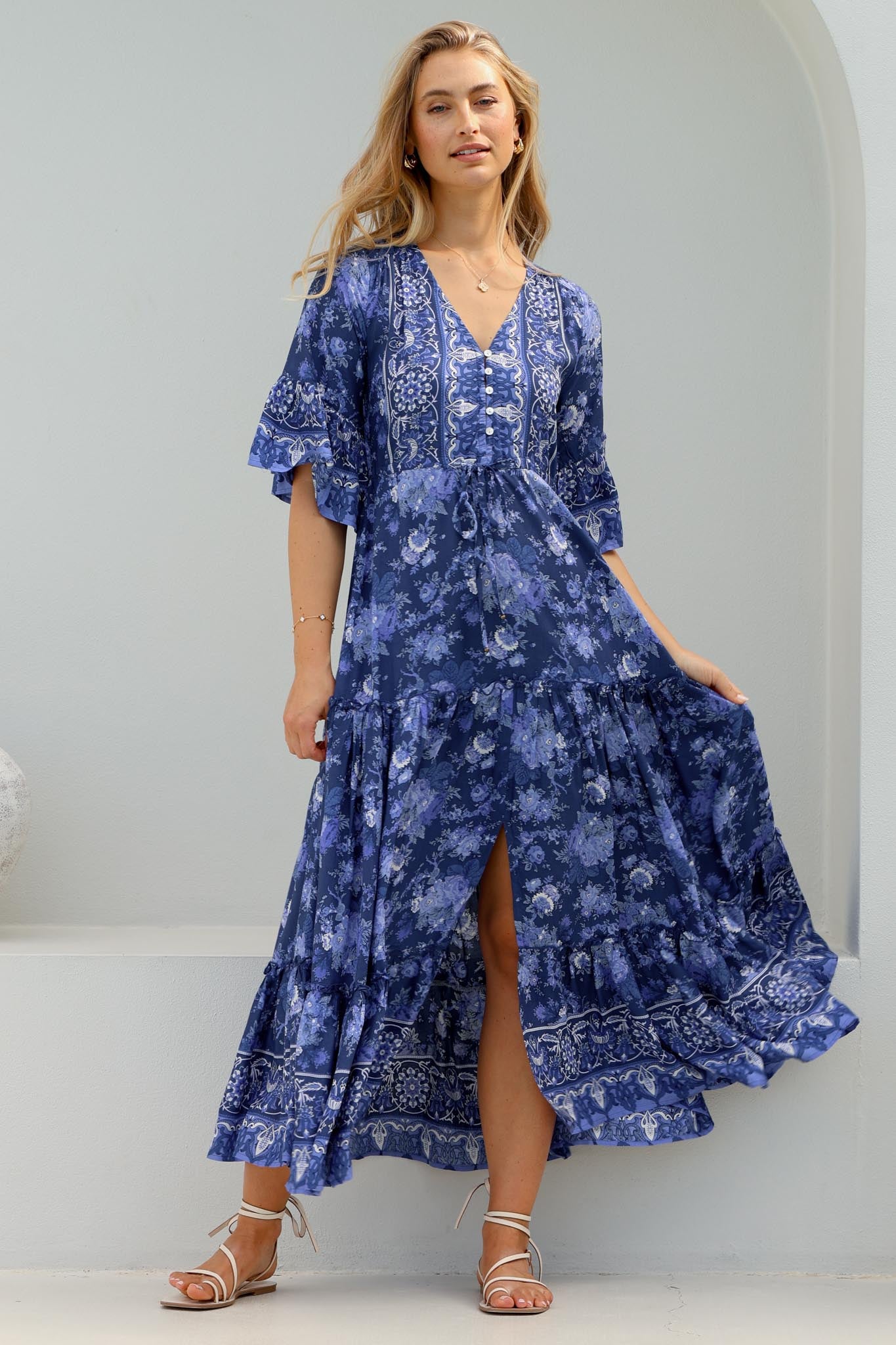 Sky Maxi Dress - A Line Dress with Front Split and Flute Sleeves in Janger Print