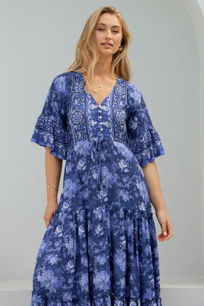 Sky Maxi Dress - A Line Dress with Front Split and Flute Sleeves in Janger Print