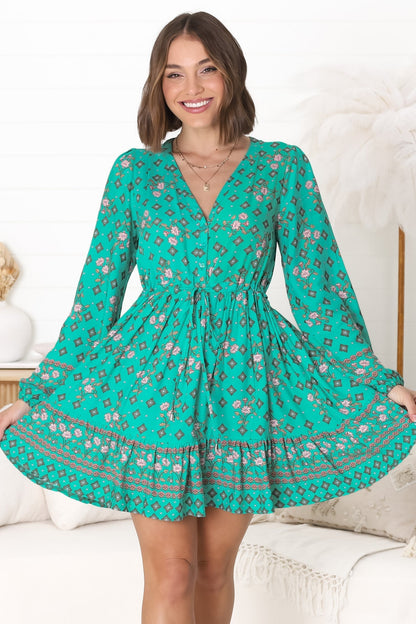 JAASE - Sky Mini Dress: V Neck Long Sleeve A Line Dress with Waist Tie in Evergreen Print