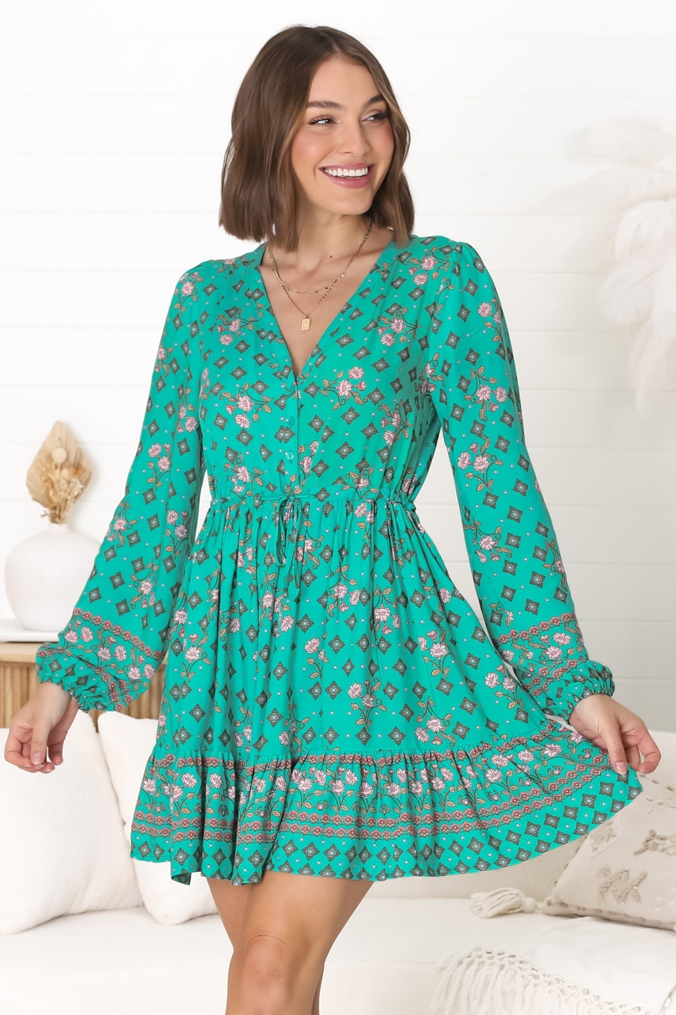 JAASE - Sky Mini Dress: V Neck Long Sleeve A Line Dress with Waist Tie in Evergreen Print