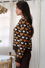 Skye Jumper - Crew Neck Contrast Heart Motif Knit in Coffee