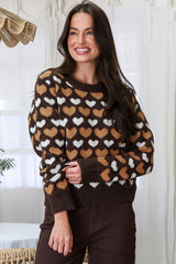 Skye Jumper - Crew Neck Contrast Heart Motif Knit in Coffee