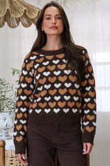 Skye Jumper - Crew Neck Contrast Heart Motif Knit in Coffee