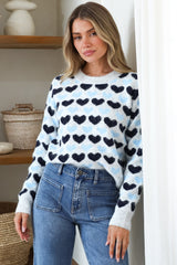 Skye Jumper - Crew Neck Contrast Heart Motif Knit in Grey