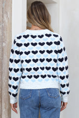 Skye Jumper - Crew Neck Contrast Heart Motif Knit in Grey