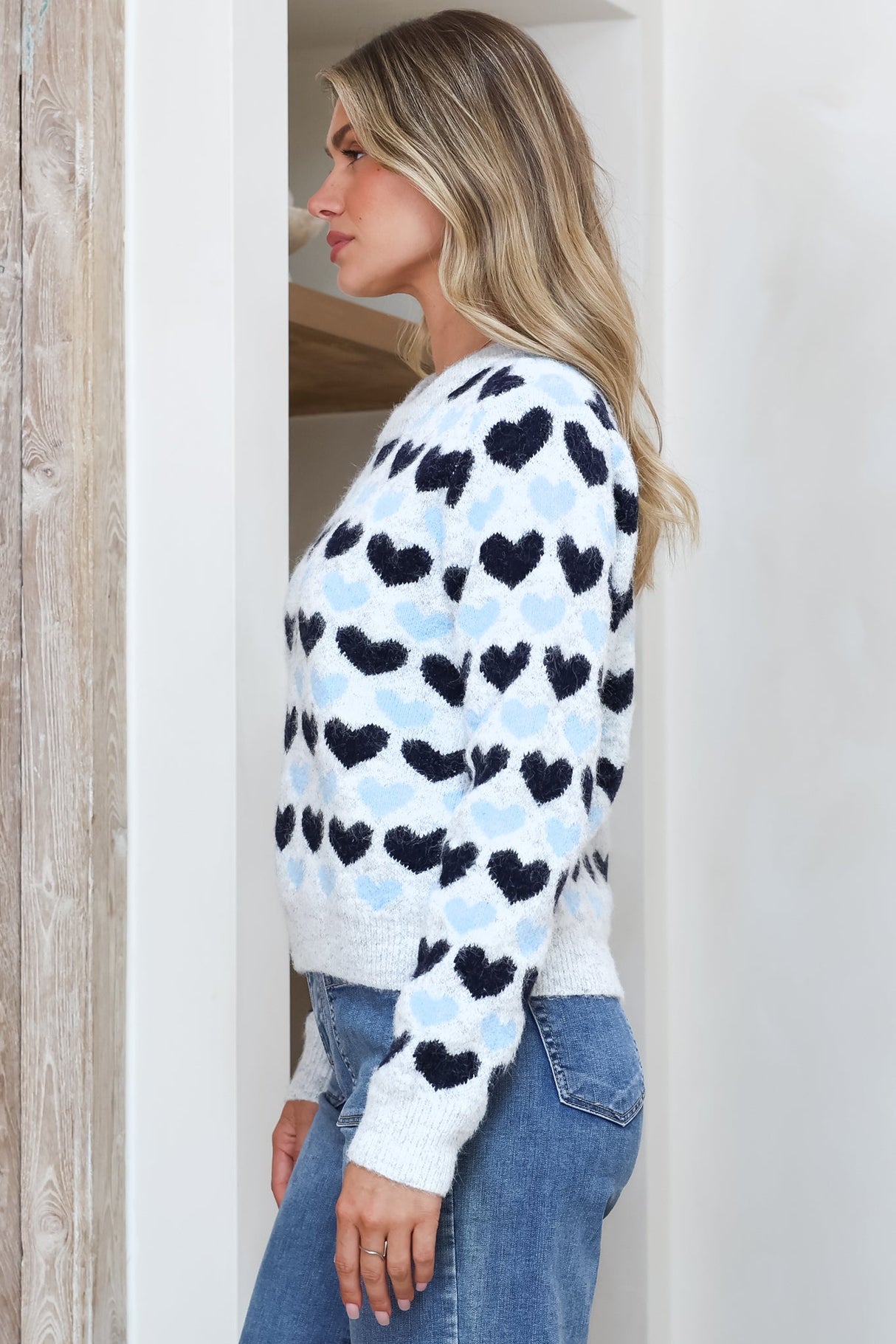 Skye Jumper - Crew Neck Contrast Heart Motif Knit in Grey