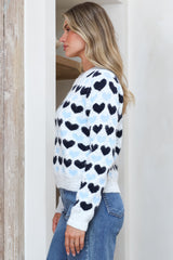 Skye Jumper - Crew Neck Contrast Heart Motif Knit in Grey
