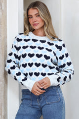 Skye Jumper - Crew Neck Contrast Heart Motif Knit in Grey