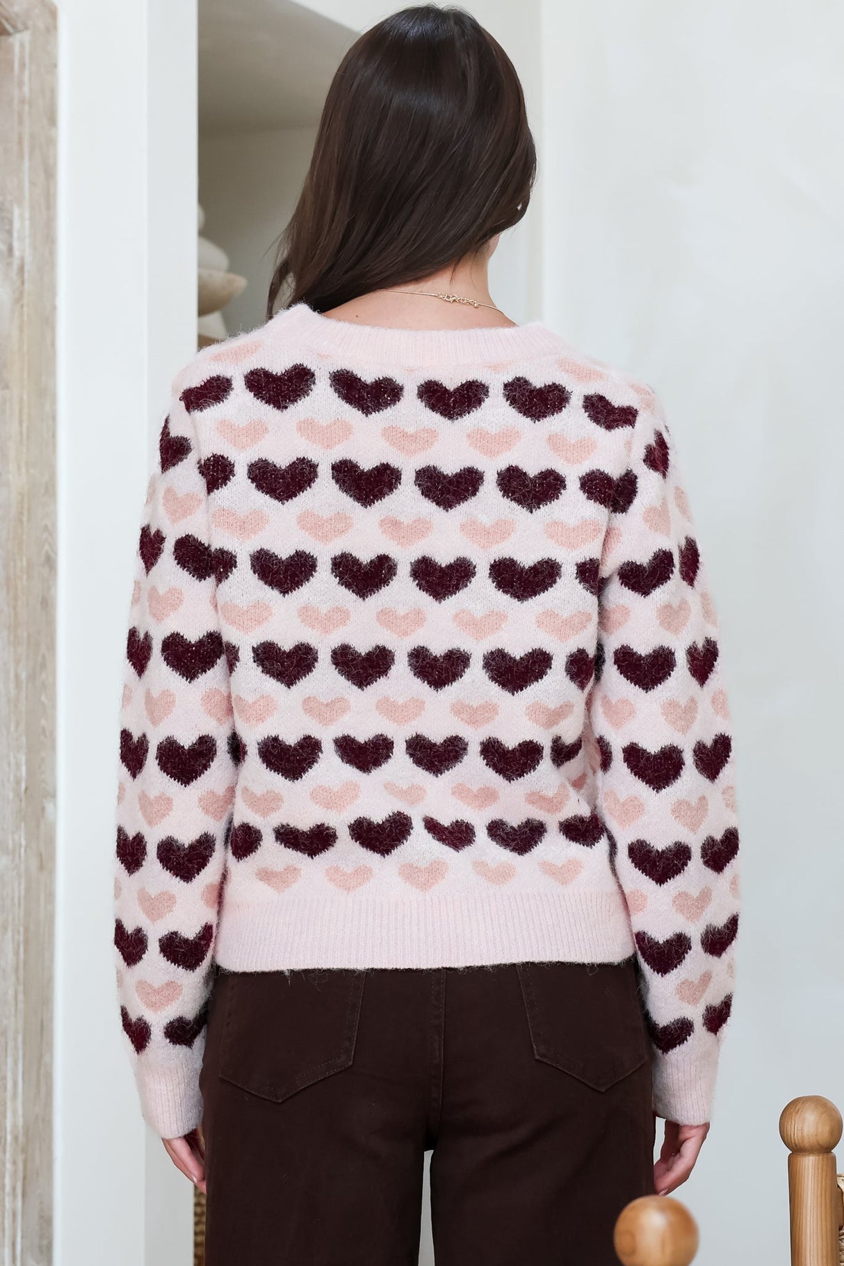 Skye Jumper - Crew Neck Contrast Heart Motif Knit in Light Pink