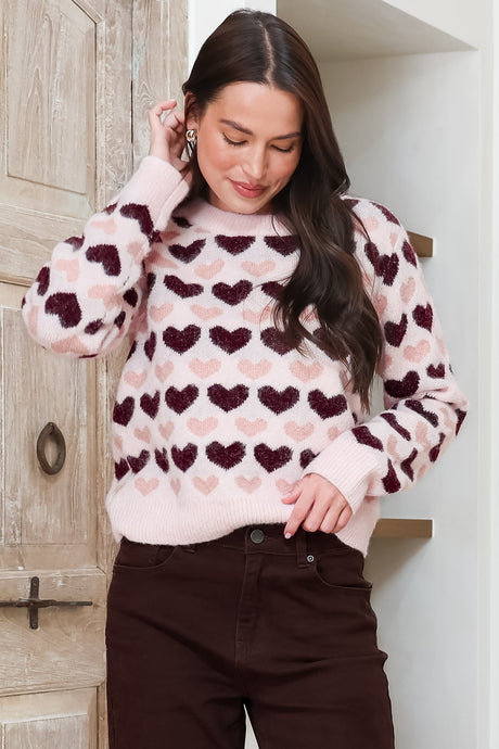 Skye Jumper - Crew Neck Contrast Heart Motif Knit in Light Pink