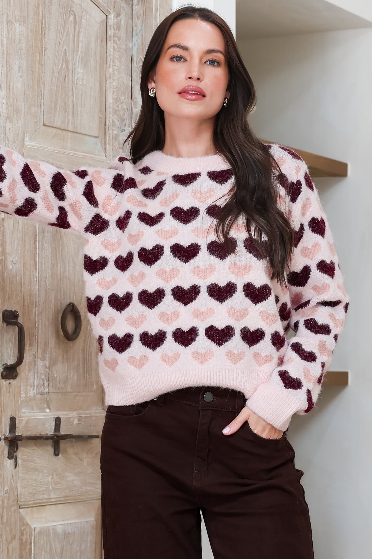 Skye Jumper - Crew Neck Contrast Heart Motif Knit in Light Pink