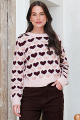 Skye Jumper - Crew Neck Contrast Heart Motif Knit in Light Pink